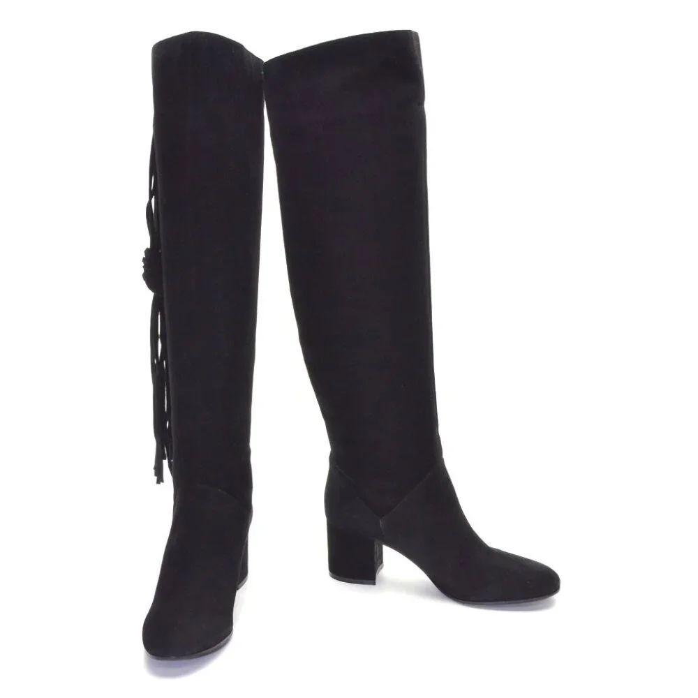 Diane B. Black Suede Fringe Over the Knee Boots 37 New